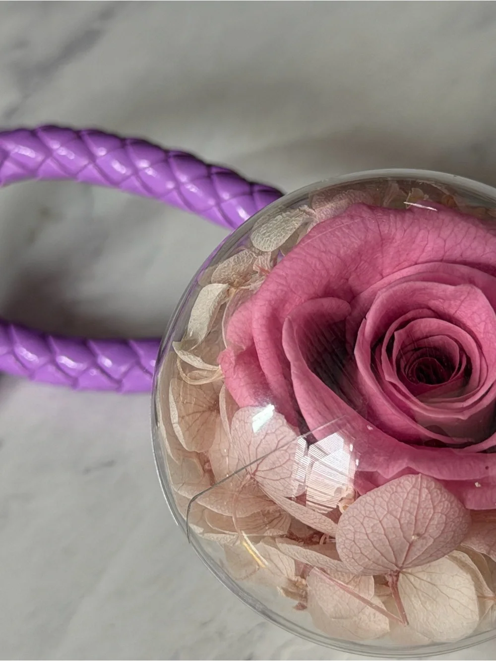 Purple Braided Wristlet Keychain with Pink Preserved Rose